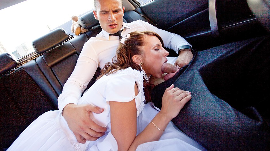Blond Car Bride - Teen bride gives head in the car, double penetration video